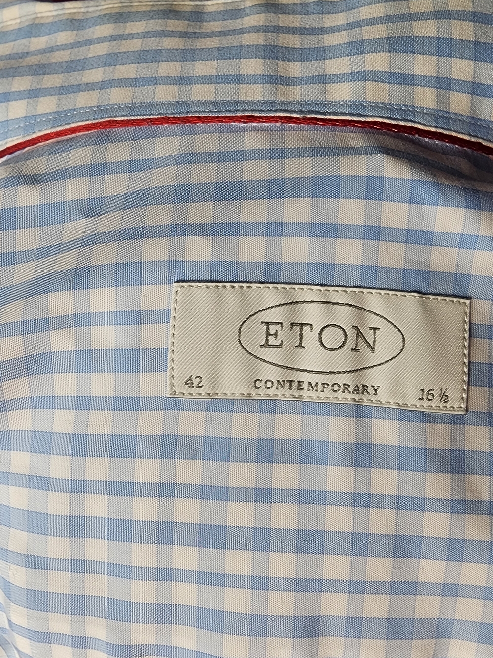 Eton Light Blue and White Gingham Dress Shirt with Red Trim